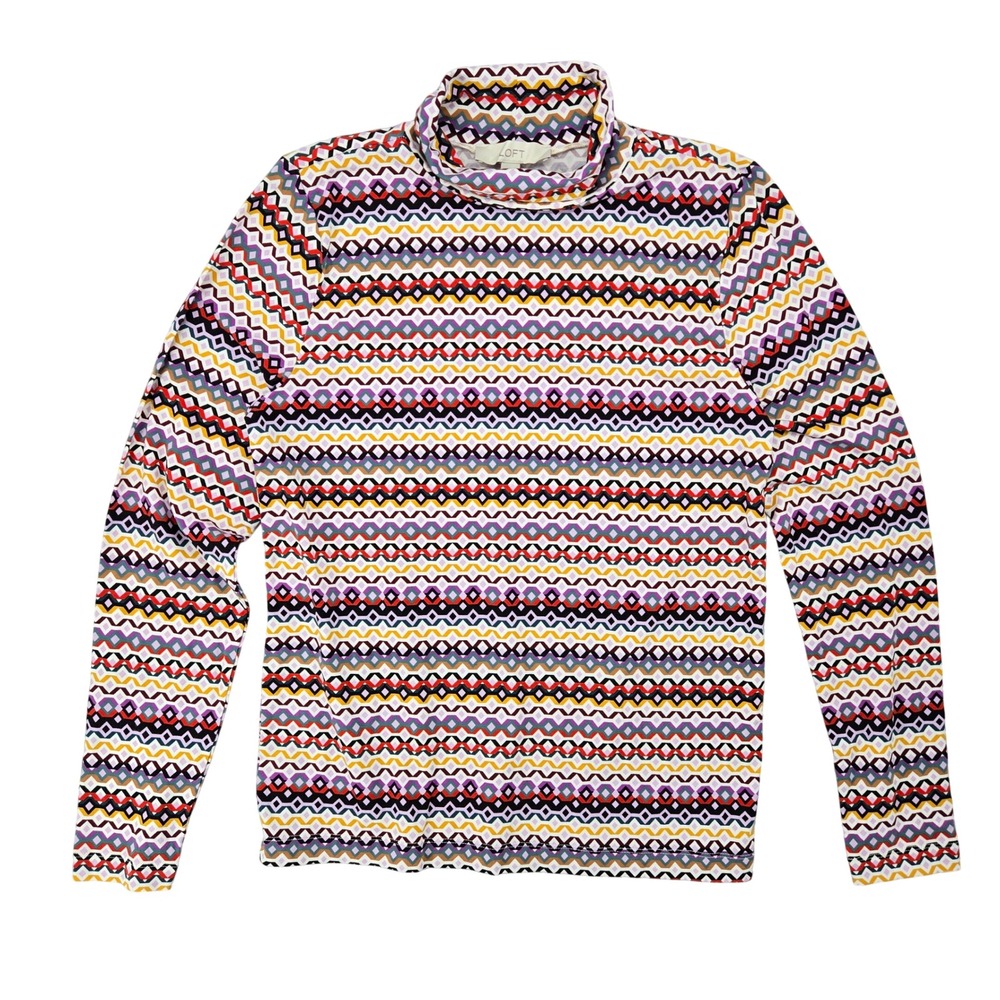 LOFT New LARGE Geometric Diamond Zigzag Turtleneck Top Womens Boho Multi-Color